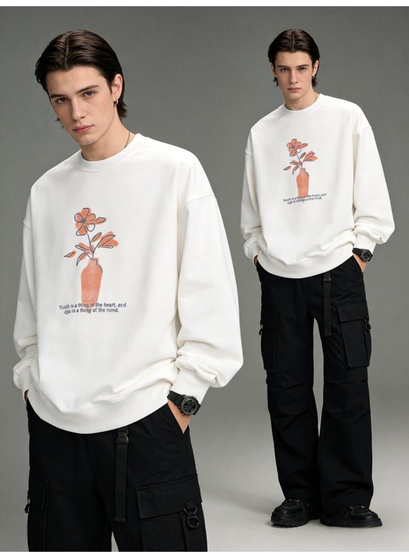 بيإم إنس BM INS Off-White "Vase & Floral" Watercolor Oversized Crew Neck Sweatshirt | Unisex Pullover With "Youth is a thing of the heart" Slogan - Image 3
